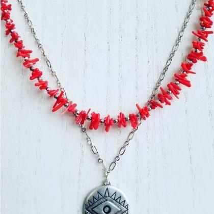 Red Coral Chips And Hematite Faceted Stones Choker..