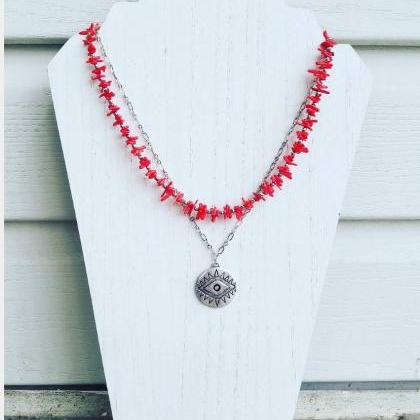 Red Coral Chips And Hematite Faceted Stones Choker..