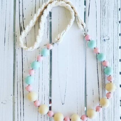 Pink, Blue And Tan Chunky Beads And Embroidery..