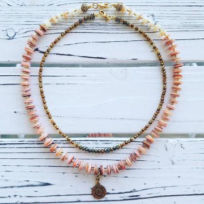 Pink Shells And Gold Sunflower Charm Necklace.