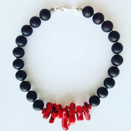 Choker Necklace, Red Coral And Wood Bead Choker..