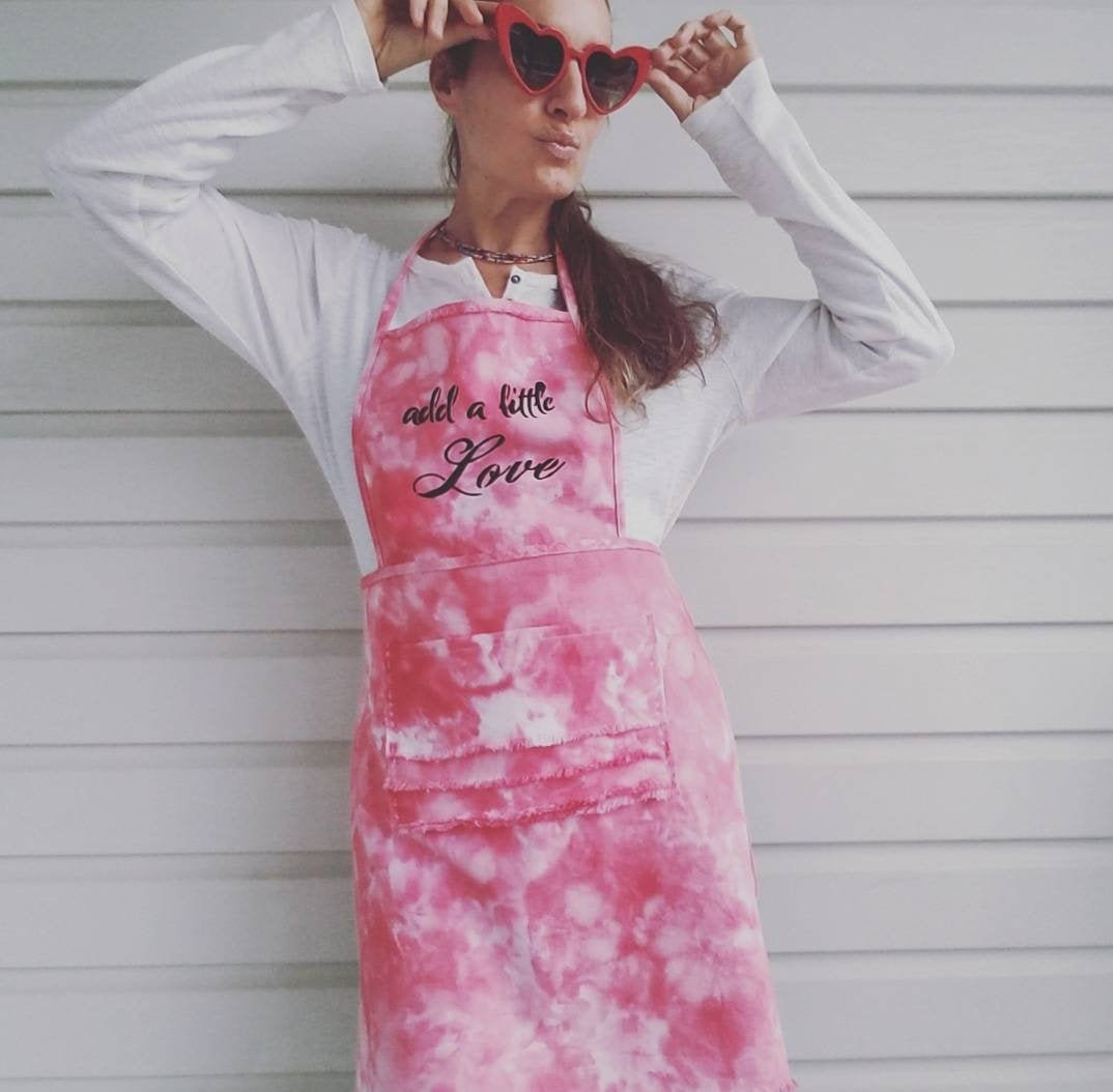 Denim Aprons, Pink And Red Tie Dyed And Hand Made Aprons With Add A Little Love Stencil.
