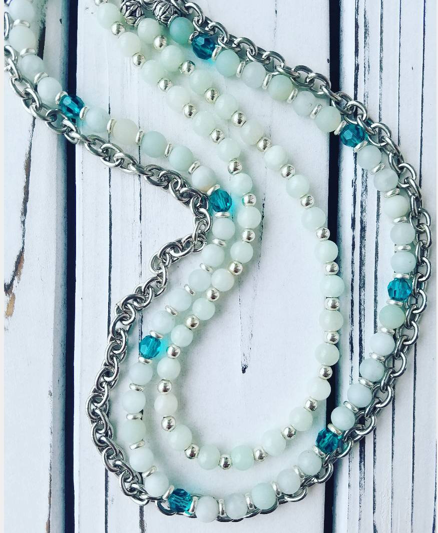 Blue Amazonite Stones, Blue Jade And Blue Swarovski Crystal's Multi Strand Necklace.