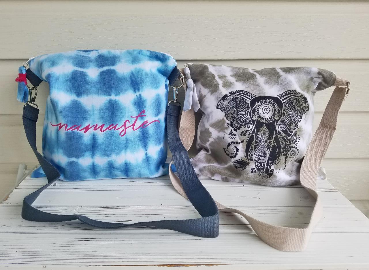 2 Shoulder Bags, Namaste and Elephant Stenciled Tie Dyed Hand Made Shoulder Bags.