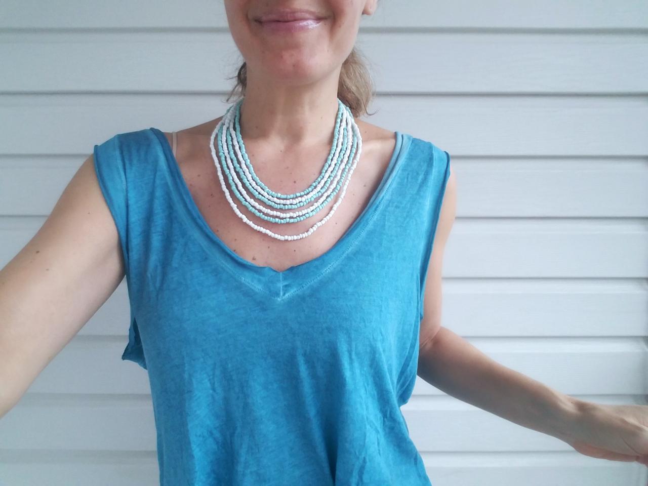Turquoise And White Beads Multi Strand Layering Choker Necklace.