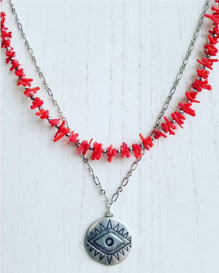 Red Coral Chips And Hematite Faceted Stones Choker Paired With Evil Eye Pendant On Silver Linked Necklace. (set)