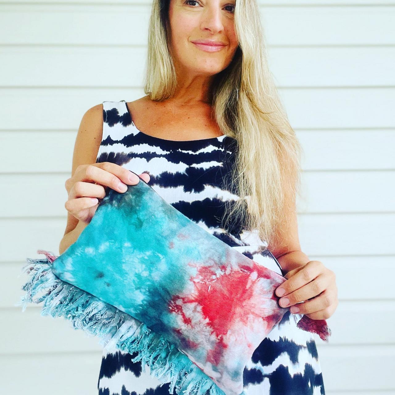 Tie Dyed Denim Fringe Clutch Bag, Denim Tie Dyed Teal, Orange And Gray Mix Clutch. 100% Handmade And Hand Dyed By Small Business.