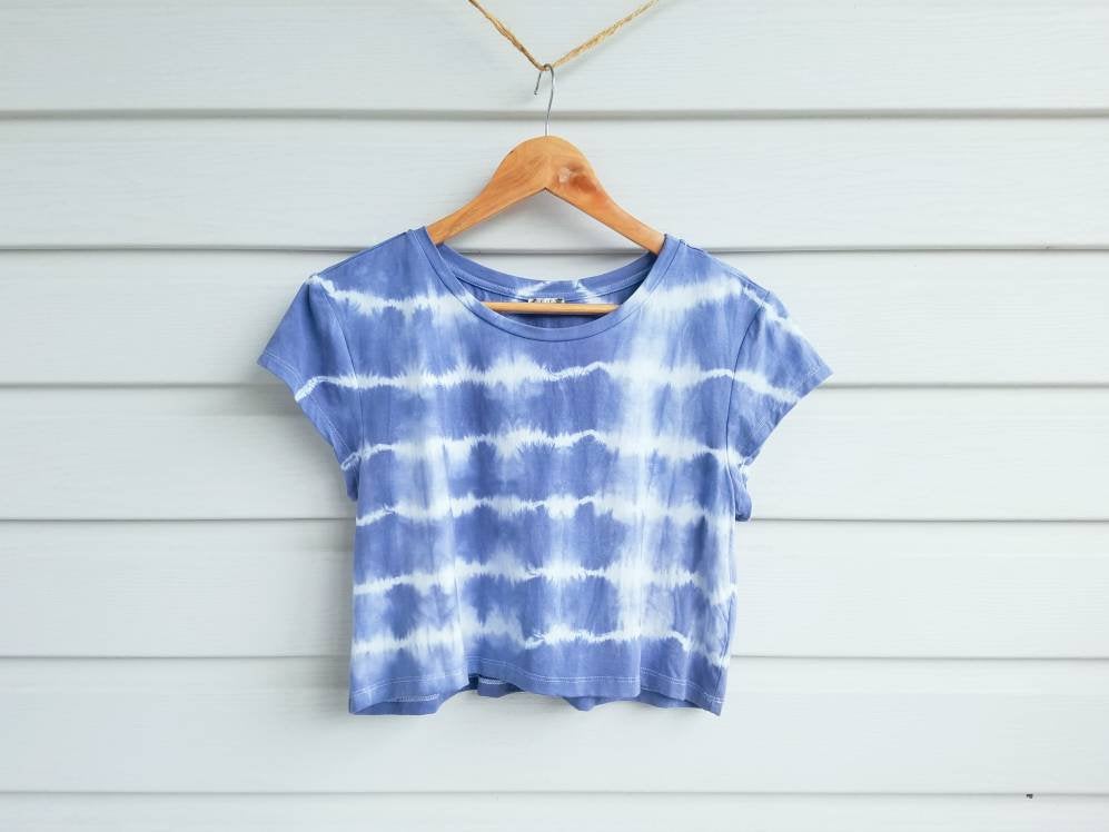 People, Blue Tie Dyed Crop Top, , Size Medium, Bamboo Cotton Fabric.