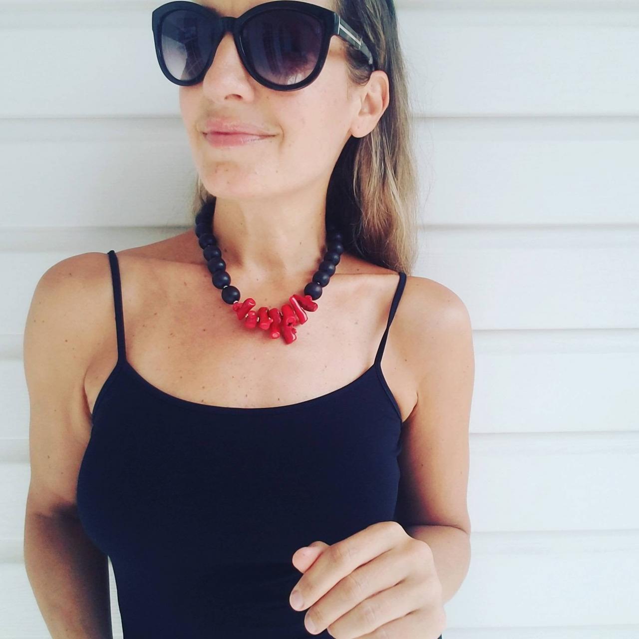 Choker Necklace, Red Coral And Wood Bead Choker Necklace.