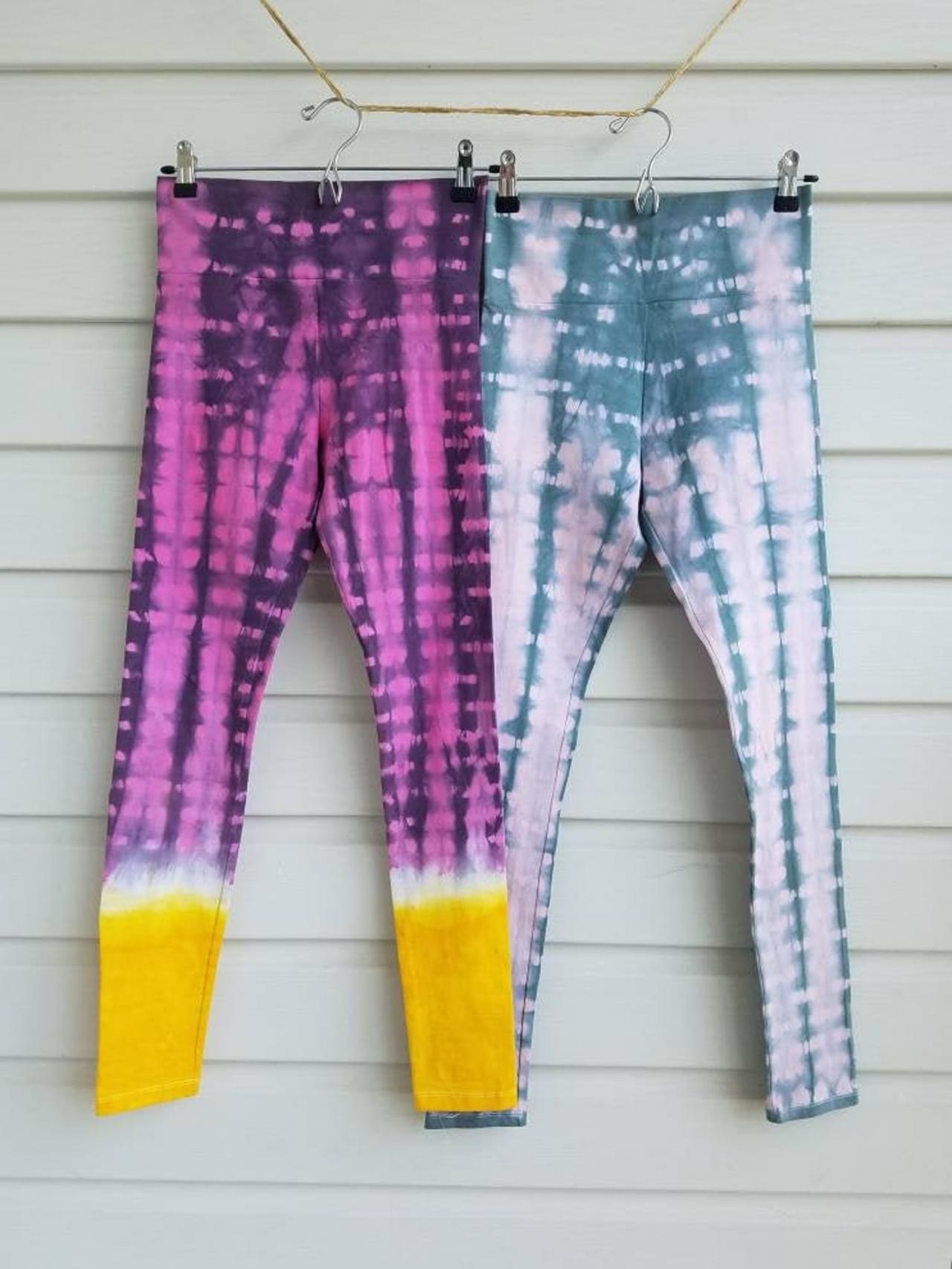 Size Medium, 2 Styles, Tie Dyed Leggings, Surf Inspired, Pink And Light Pink Shibori Styles, Size Medium