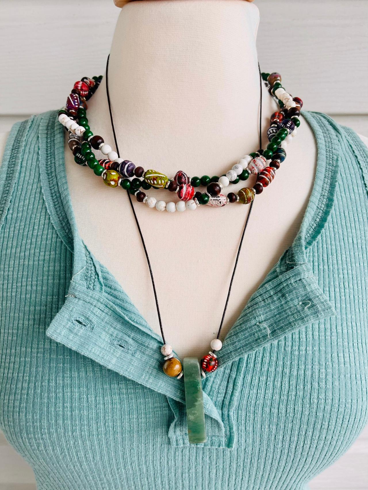 Painted Wood Beads, Forest Green Jade Beads, Chocolate Wood Beads And White Stone Braided Choker Necklace.