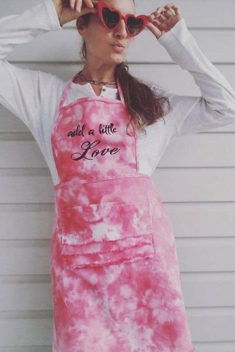 Denim Aprons, Pink and Red Tie Dyed and Hand Made Aprons with Add a Little Love Stencil. 