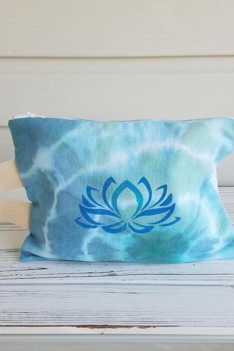 Wristlet, Lotus Leaf Spiritual, Blue Checkered Design Cotton Purse.