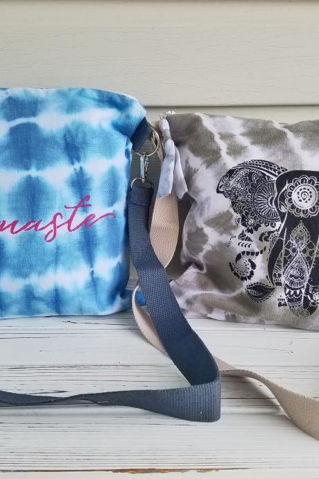 2 Shoulder Bags, Namaste and Elephant Stenciled Tie Dyed Hand Made Shoulder Bags.