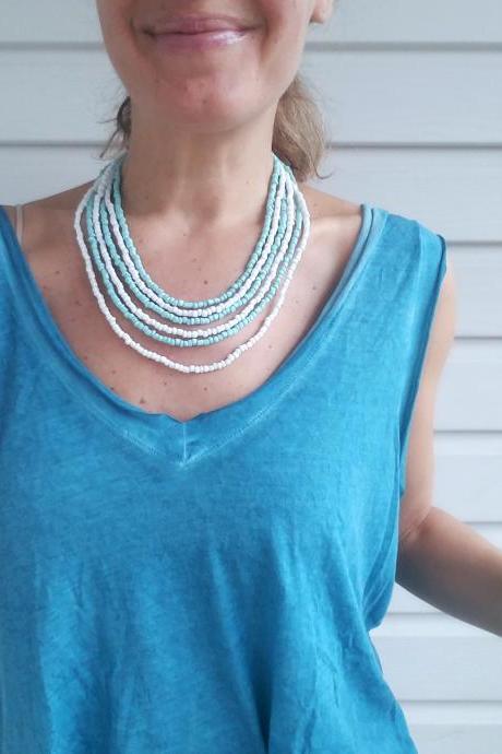 Turquoise and White Beads Multi Strand Layering Choker Necklace.