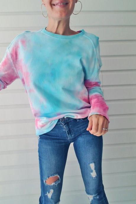 Sweatshirt, Pastel Aqua Blue and Pink Tie Dye Ice Dyed Sweatshirt.