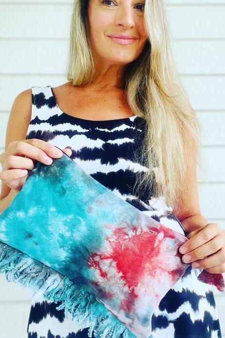 Tie Dyed Denim Fringe Clutch Bag, Denim Tie Dyed Teal, Orange and Gray Mix Clutch. 100% Handmade and Hand Dyed by Small Business.