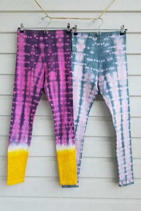 SALE Size Medium, 2 Styles, Tie Dyed Leggings, Surf Inspired, Hot Pink and Light Pink Shibori Styles, Size Medium