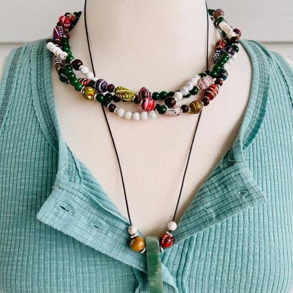 Painted Wood Beads, Forest Green Jade Beads, Chocolate Wood Beads and White Stone Braided Choker Necklace.